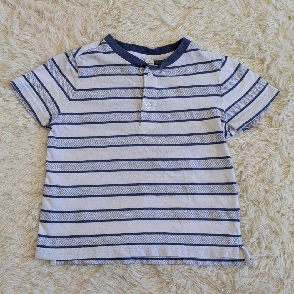 Janie and Jack Boys Size 2T Navy Blue White Striped Summer Henley Shirt